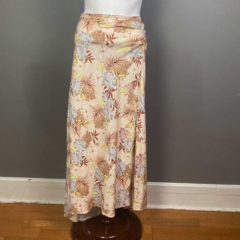 DREW Maxi Skirt Size Large Linen blend Wrap Front Floral Pattern Pull on Tan